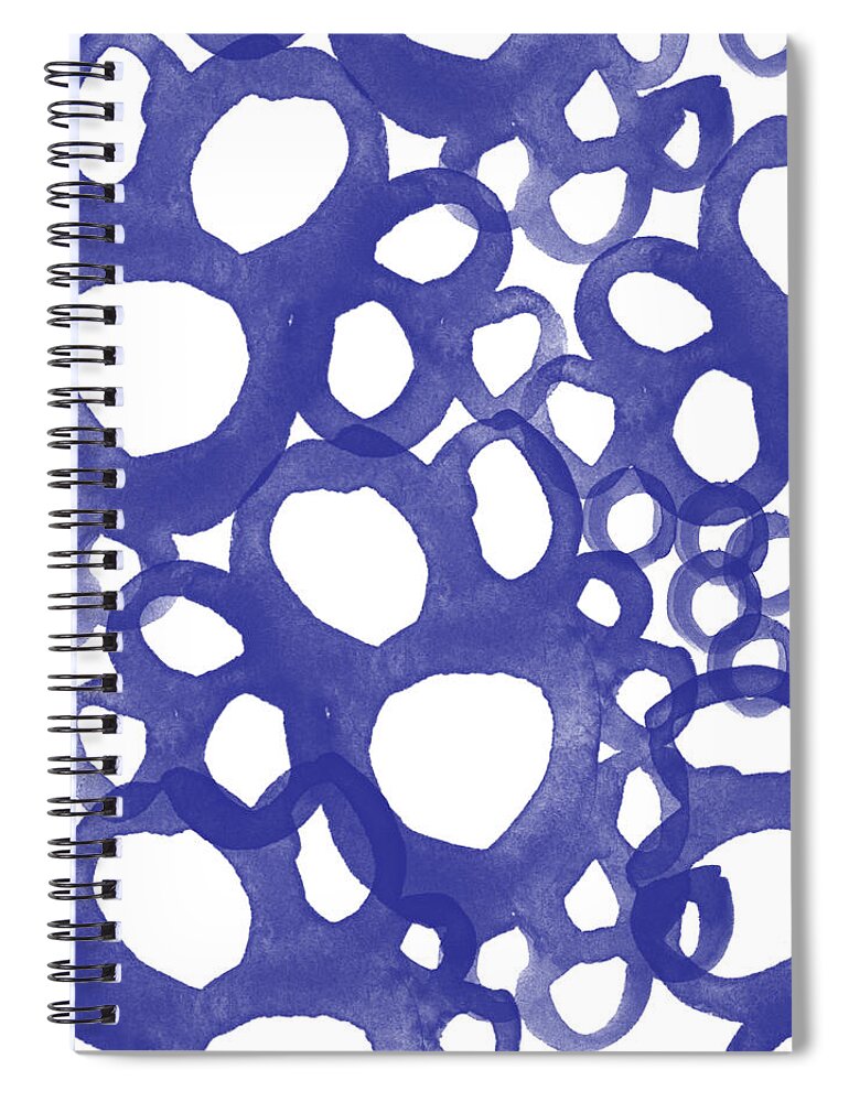 Indigo Spiral Notebook featuring the painting Indigo Bubbles- Contemporary Absrtract Watercolor by Linda Woods