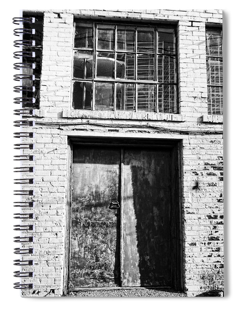 Alley Spiral Notebook featuring the photograph Industrial Alley Grunge Textures in Black and White by Kathy Clark