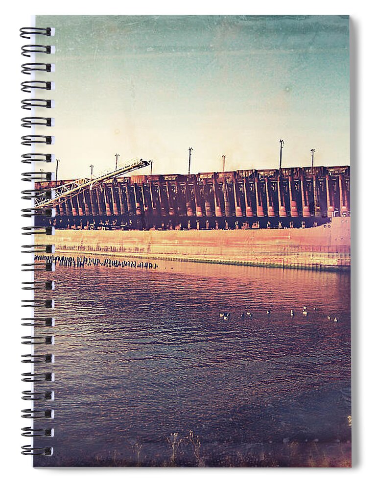 Iron Ore Freighter Spiral Notebook featuring the digital art Iron Ore Freighter In Dock by Phil Perkins