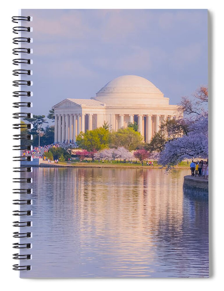 2012 Centennial Celebration Spiral Notebook featuring the photograph Jefferson Memorial Across the Basin with Blossoms by Jeff at JSJ Photography