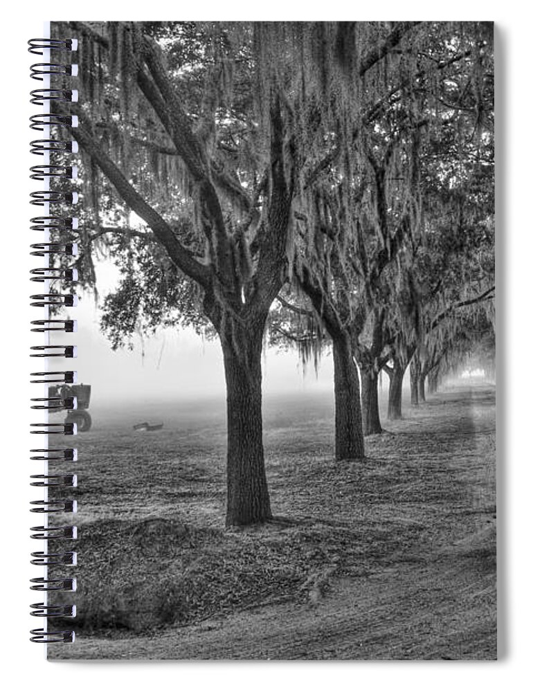 Low Spiral Notebook featuring the photograph John Deer Tractor and the Avenue of Oaks by Scott Hansen