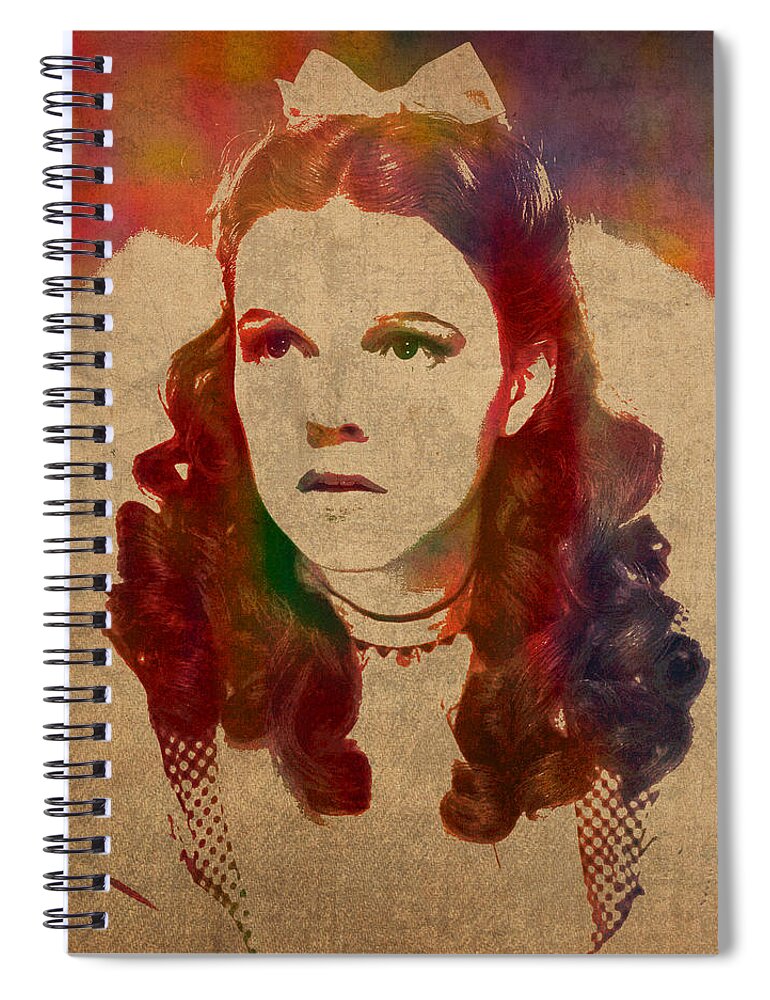 Judy Garland Spiral Notebook featuring the mixed media Judy Garland as Dorothy Gale in Wizard of Oz Watercolor Portrait on Worn Distressed Canvas by Design Turnpike