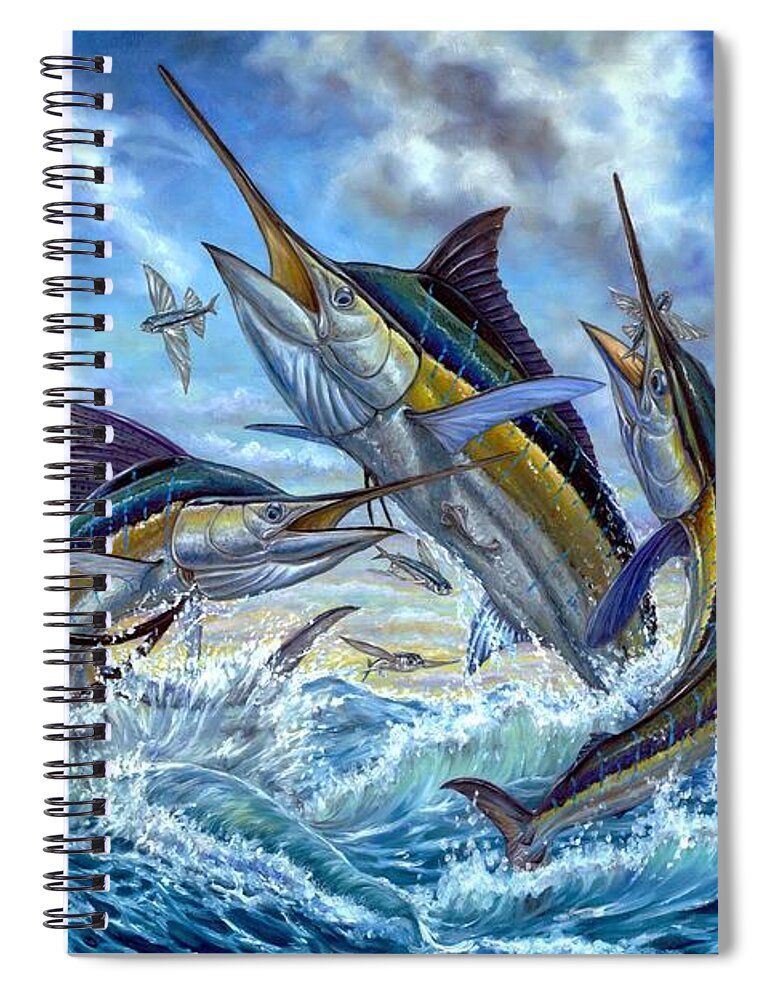 Blue Mrlin Spiral Notebook featuring the painting Jumping Grand Slam And Flyingfish by Terry Fox