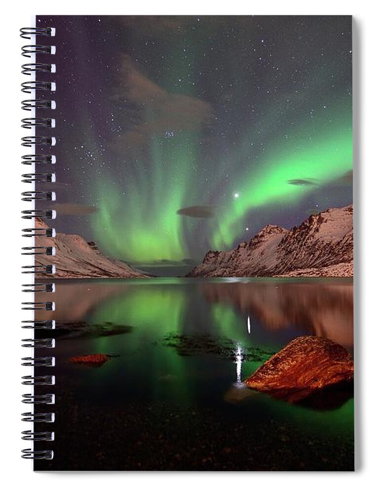 Tranquility Spiral Notebook featuring the photograph Jupiter And Venus In Ersfjordbotn by John Hemmingsen