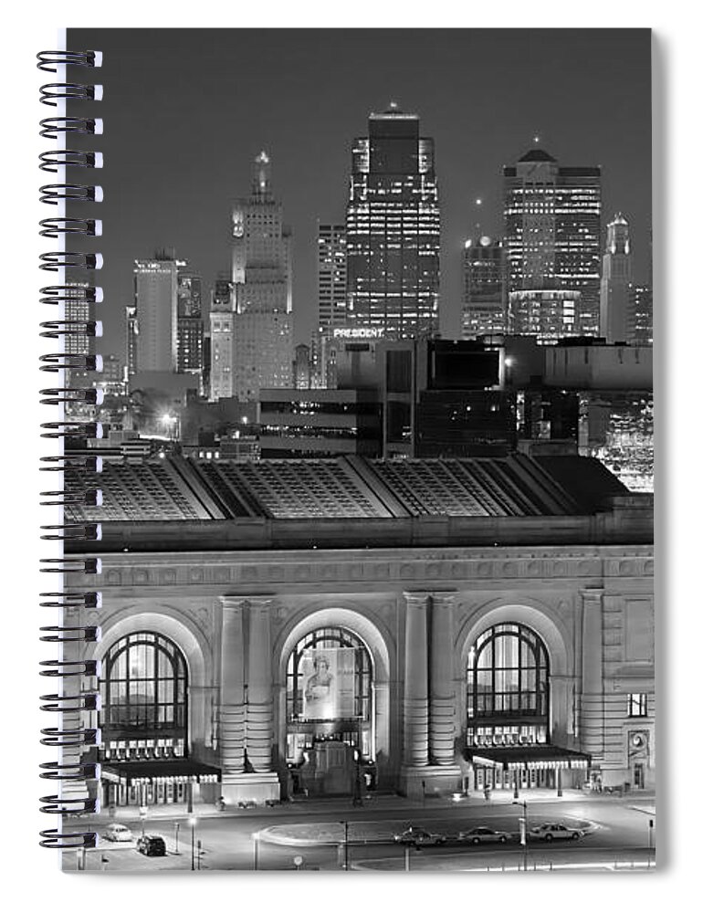 Kansas City Spiral Notebook featuring the photograph Kansas City Skyline at Night KC Downtown Black and White BW Panorama by Jon Holiday