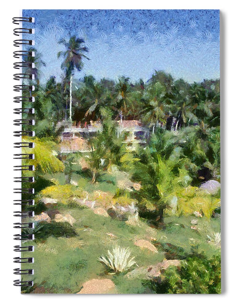 Landscape; Scenery; Scenic; Forest; Trees; India; Kerala; Asia; East; Eastern; Holidays; Vacation; Travel; Trip; Voyage; Journey; Tourism; Touristic; Paint; Painting; Paintings Spiral Notebook featuring the painting Kerala landscape by George Atsametakis