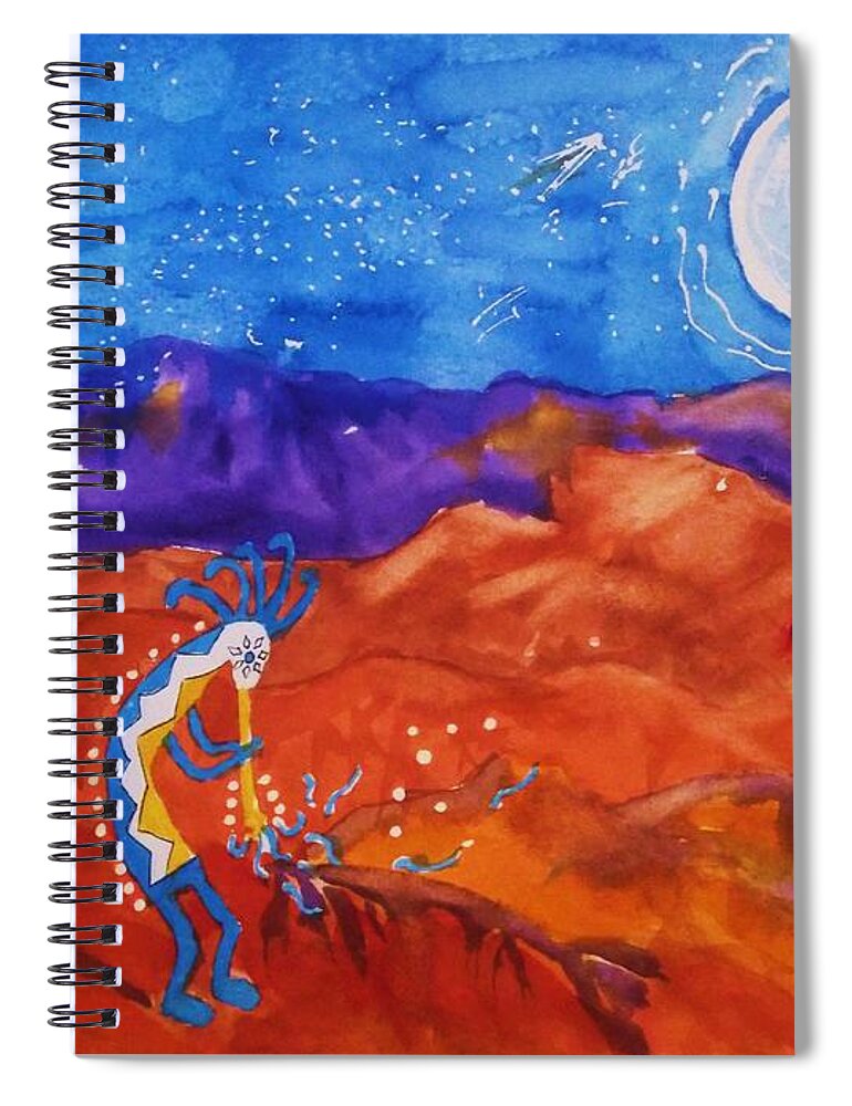 Kokopelli Spiral Notebook featuring the painting Kokopelli Playing To The Moon by Ellen Levinson