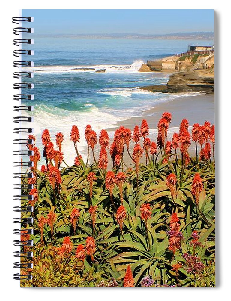 Coastline Spiral Notebook featuring the photograph La Jolla Coast with Flowers Blooming by Jane Girardot