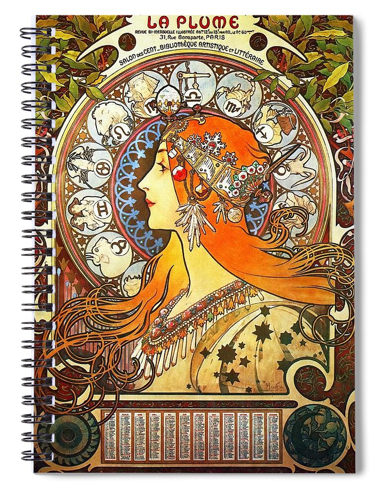 Alphonse Mucha Spiral Notebook featuring the painting La Plume Zodiac by Alphonse Mucha