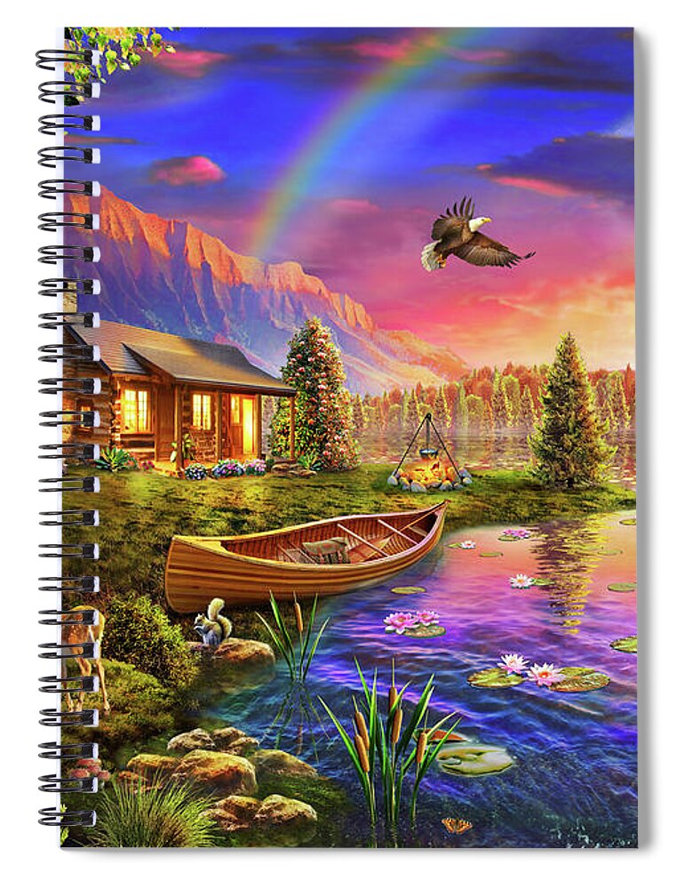 Cabin Spiral Notebook featuring the drawing Lakeside Cabin by MGL Meiklejohn Graphics Licensing