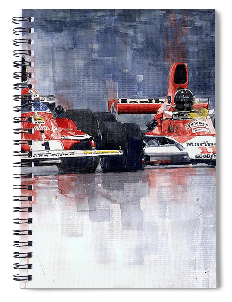 Watercolor Spiral Notebook featuring the painting Lauda vs Hunt Brazilian GP 1976 by Yuriy Shevchuk