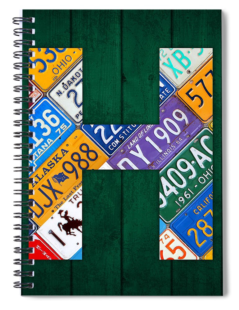 Letter Spiral Notebook featuring the mixed media Letter H Alphabet Vintage License Plate Art by Design Turnpike