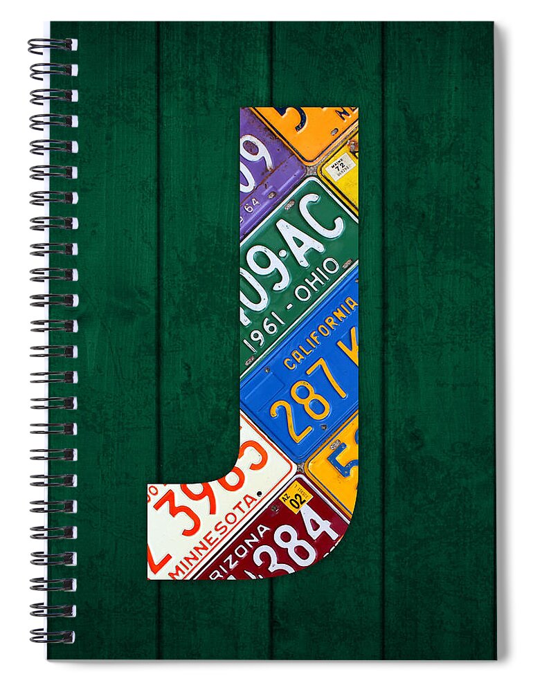 Letter Spiral Notebook featuring the mixed media Letter J Alphabet Vintage License Plate Art by Design Turnpike