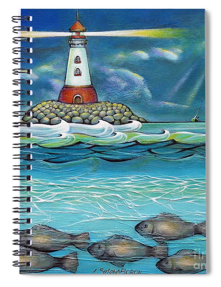 Lighthouse Spiral Notebook featuring the painting Lighthouse Fish 030414 by Selena Boron
