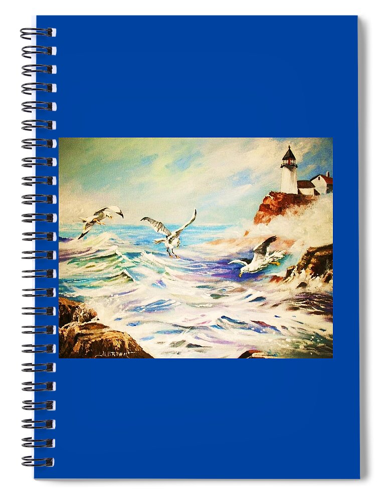 Lighthouse Spiral Notebook featuring the painting Lighthouse Gulls and Waves by Al Brown