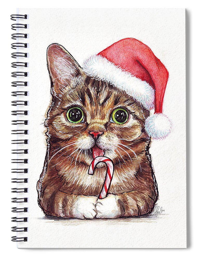 Lil Bub Spiral Notebook featuring the painting Cat Santa Christmas Animal by Olga Shvartsur