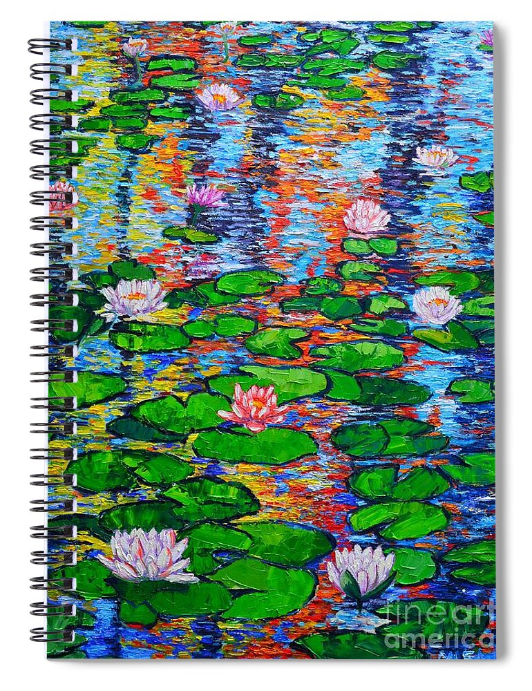 Lilies Spiral Notebook featuring the painting Lily Pond Colorful Reflections by Ana Maria Edulescu