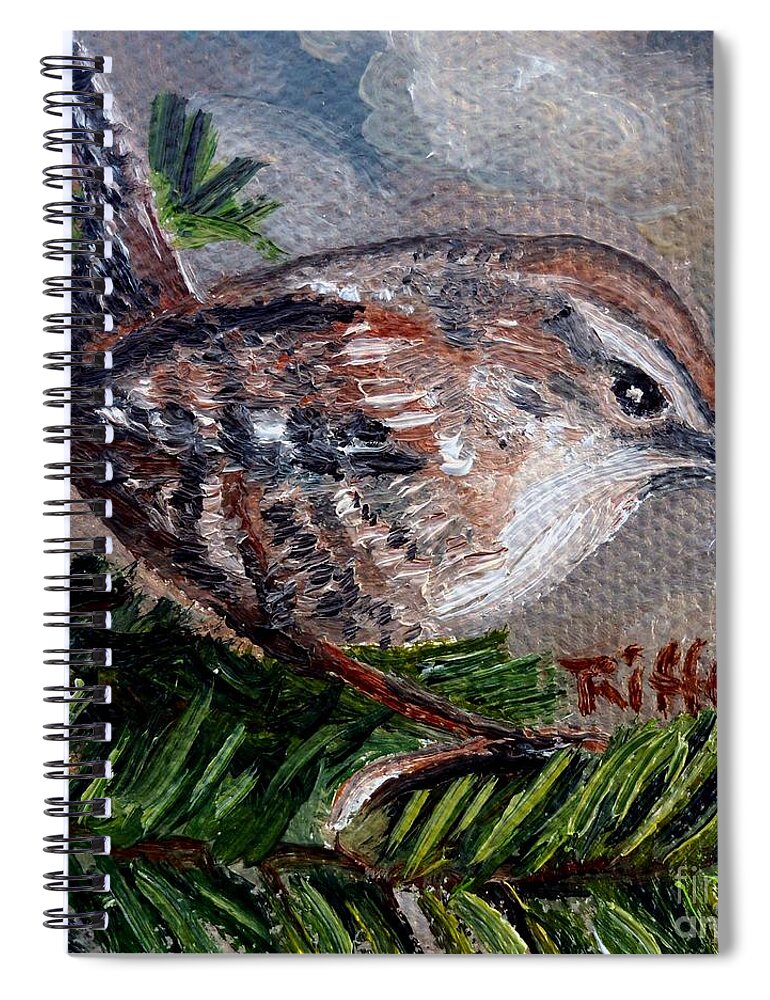 Wren Spiral Notebook featuring the painting Little Wren in the Pines by Julie Brugh Riffey