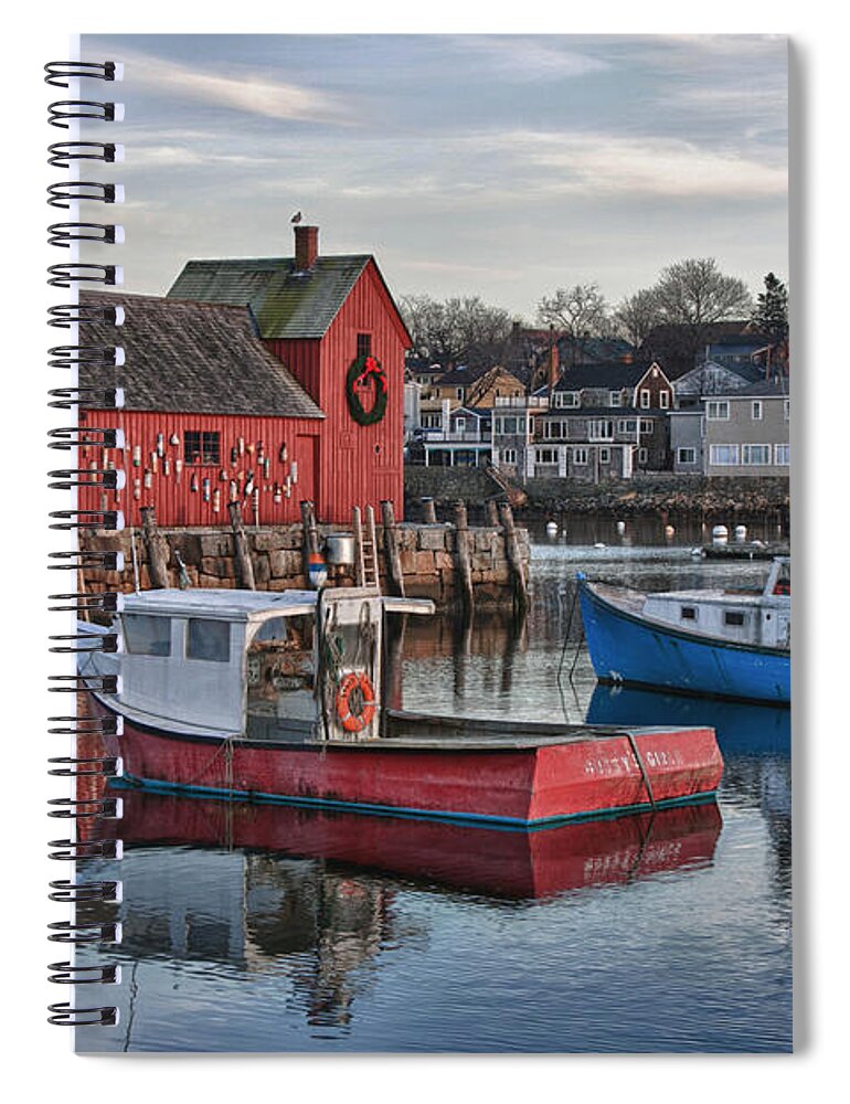 Motif Number One Rockport Lobster Shack By Jeff Folger Spiral Notebook featuring the photograph Lobster boats at Motif 1 by Jeff Folger