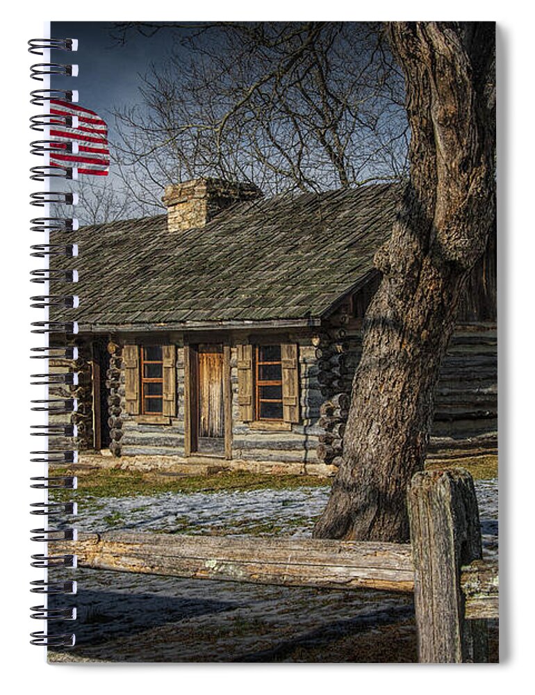 Art Spiral Notebook featuring the photograph Log Cabin Outpost in Missouri with American Flag by Randall Nyhof