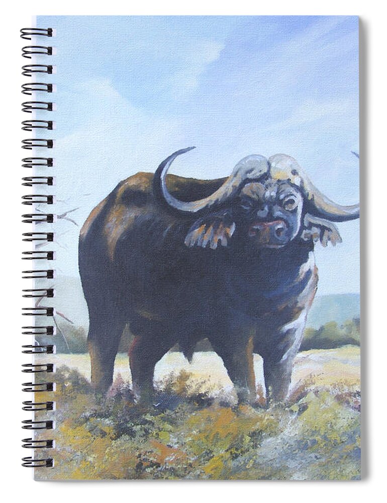 Buffalo Spiral Notebook featuring the painting Lone Bull by Anthony Mwangi