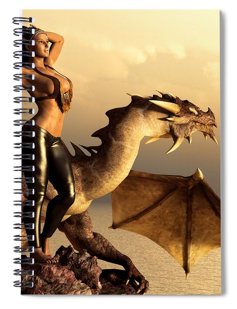Dragon Spiral Notebook featuring the digital art Longhaired Biker Chick and Dragon by Kaylee Mason