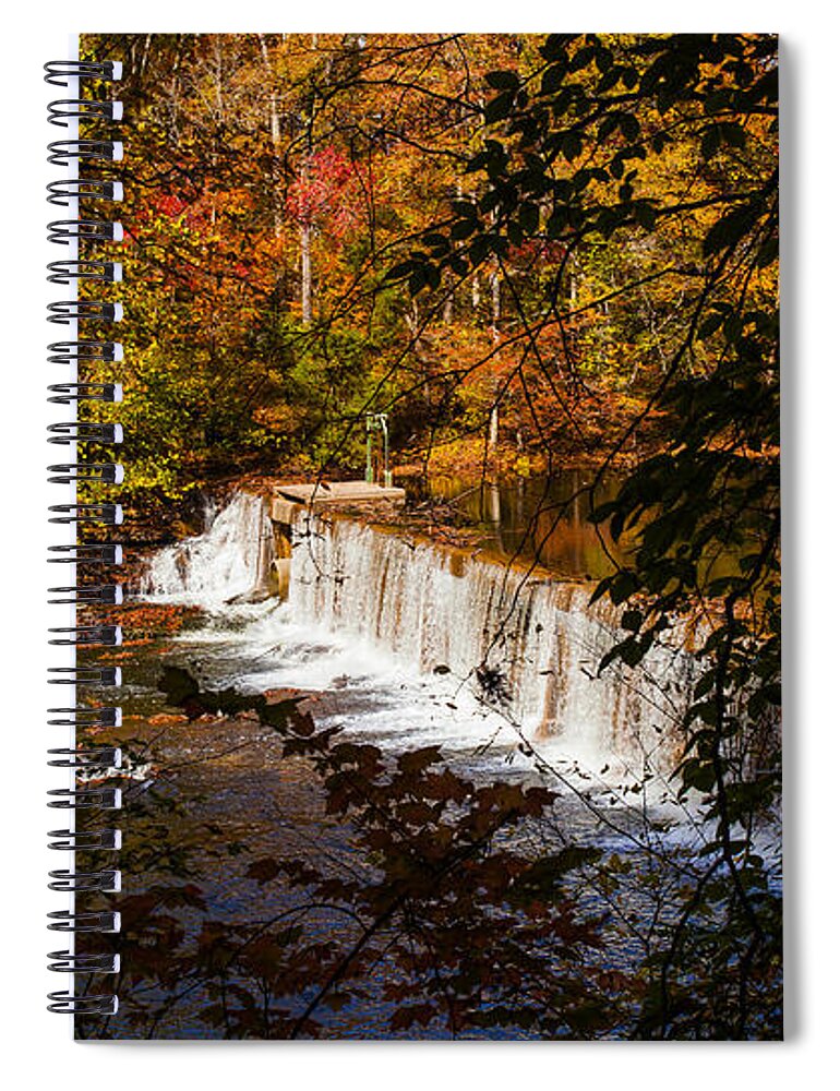 Autumn Trees On River Spiral Notebook featuring the photograph Looking Through Autumn Trees on To Waterfalls fine art prints as gift for the Holidays by Jerry Cowart