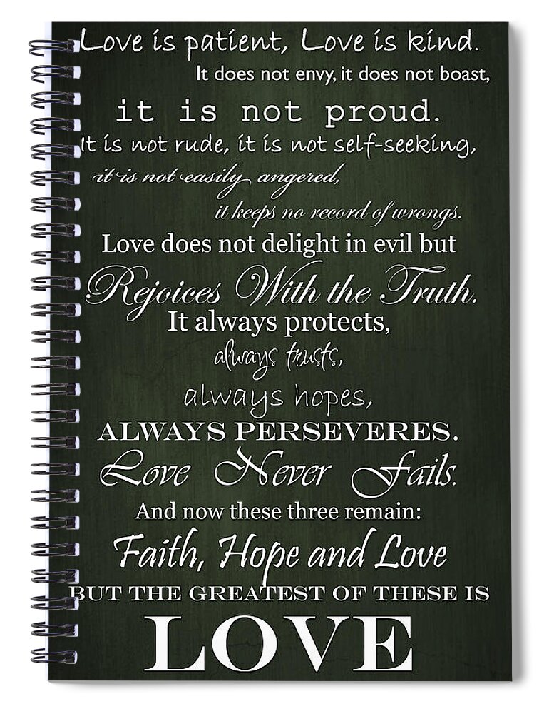 Religious Quote Spiral Notebook featuring the digital art Love is Patient Green by Inspired Arts