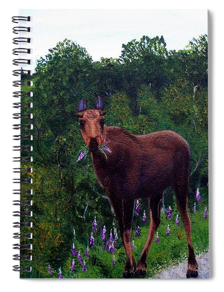 Barbara Griffin Spiral Notebook featuring the painting Lupine Loving Moose by Barbara A Griffin
