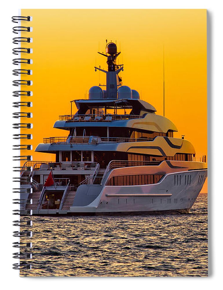 Vessel Spiral Notebook featuring the photograph Luxury yacht on open sea at sunset by Brch Photography