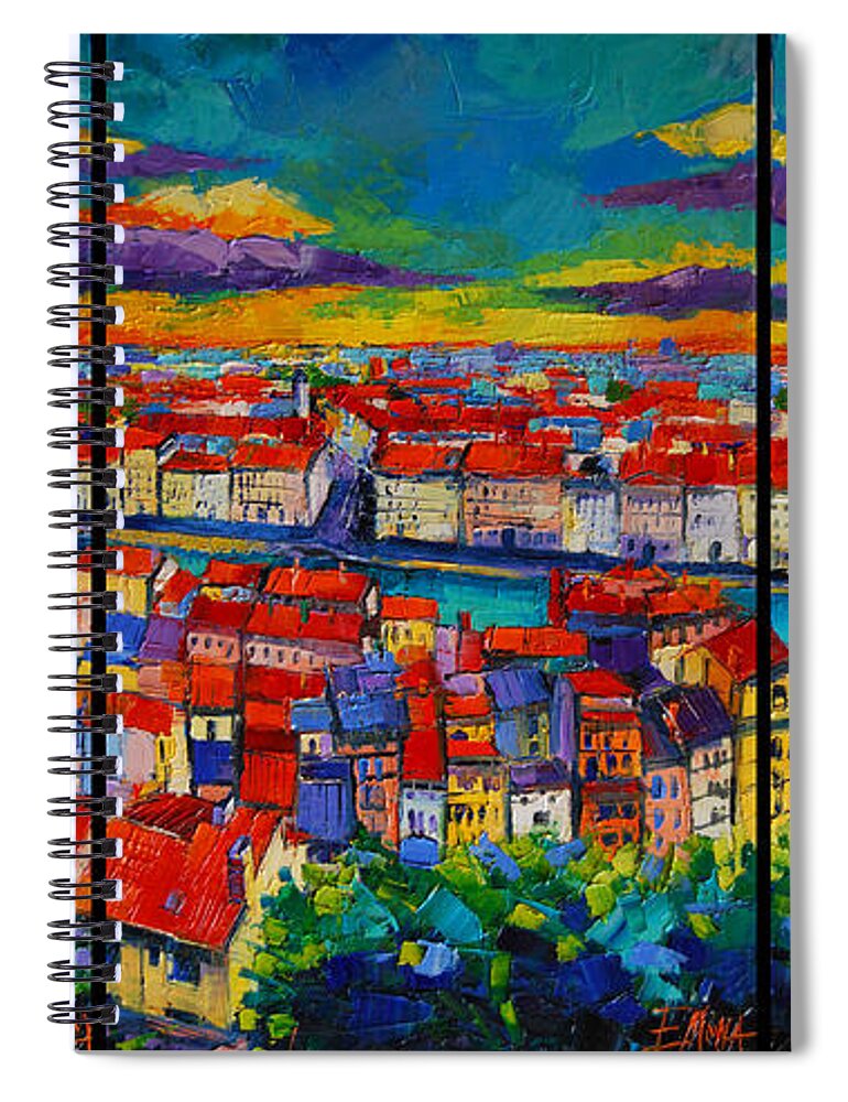 Lyon Panorama Spiral Notebook featuring the painting Lyon Panorama Triptych by Mona Edulesco