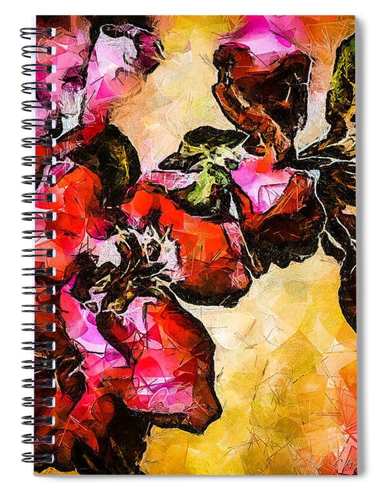 Magenta Spiral Notebook featuring the digital art Magenta flowers -- Cubism by Charles Muhle
