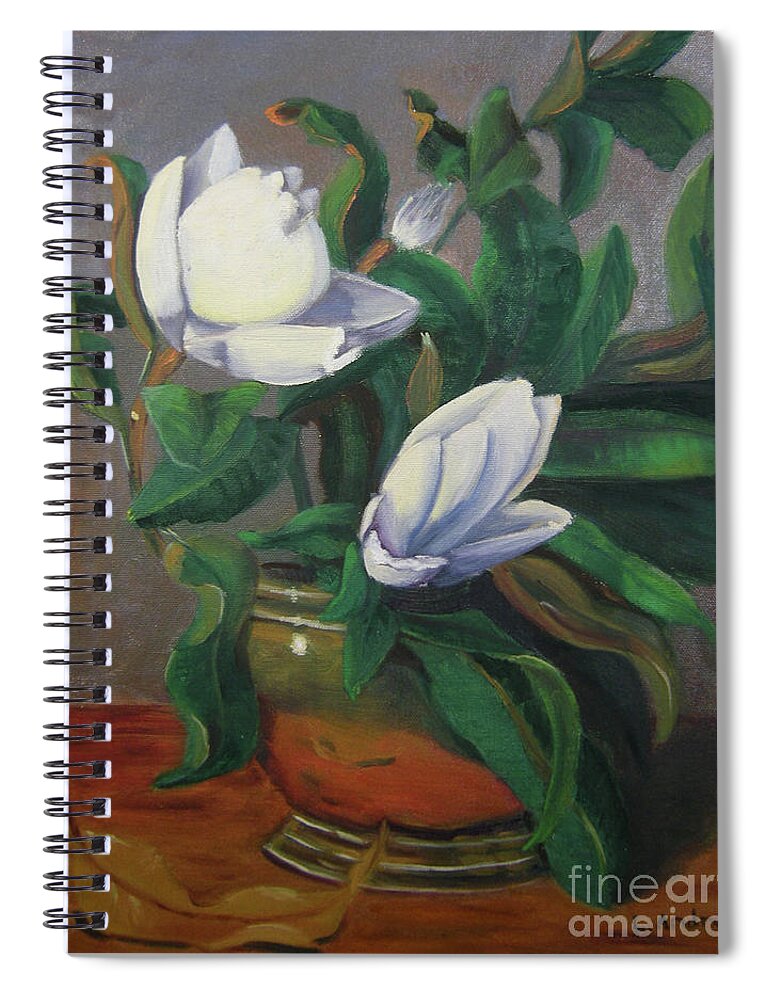 Floral Spiral Notebook featuring the painting Magnolias on Brass by Lilibeth Andre