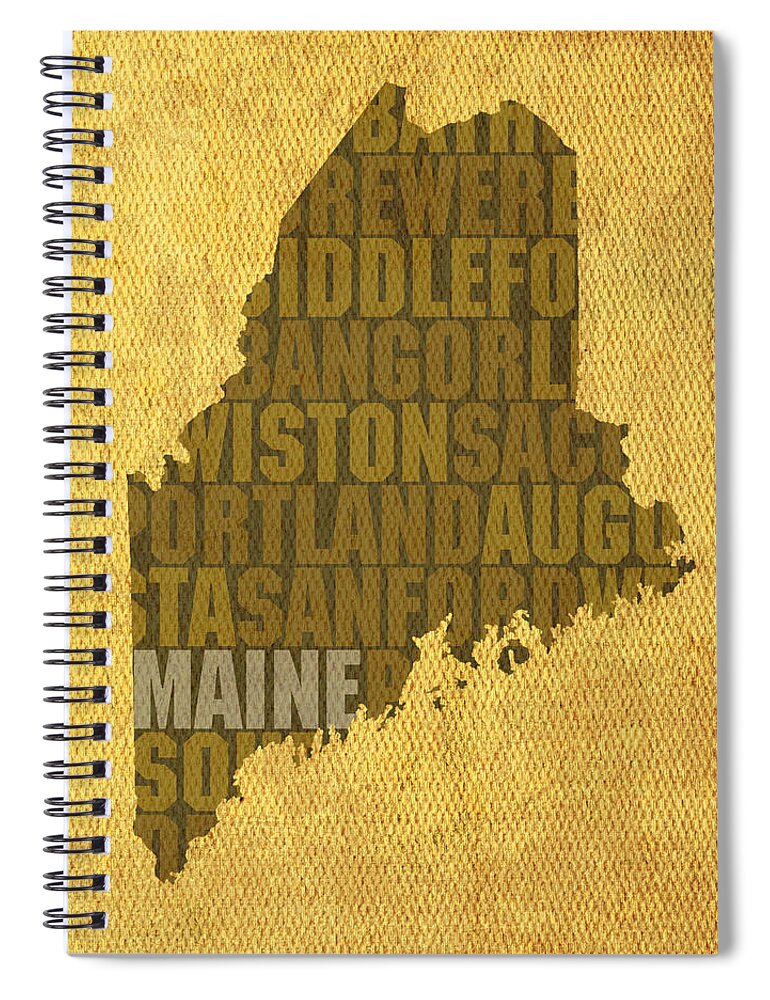 Maine Word Art State Map On Canvas Spiral Notebook featuring the mixed media Maine Word Art State Map on Canvas by Design Turnpike