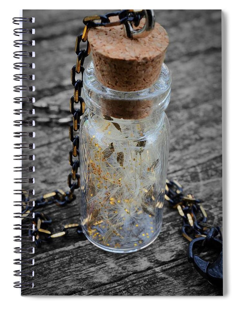 Dandelion Spiral Notebook featuring the photograph Make a Wish - Dandelion Seed in Glass Bottle with Gold Fairy Dust Necklace by Marianna Mills