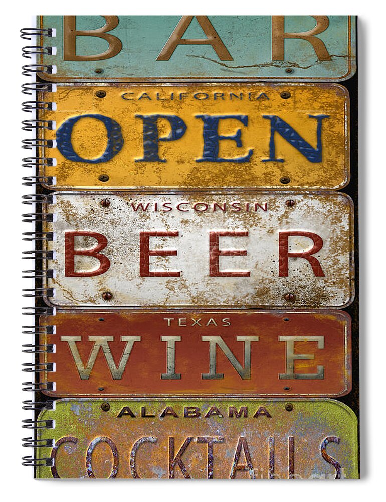 Jean Plout Spiral Notebook featuring the digital art Bar Open-License Plate Art by Jean Plout