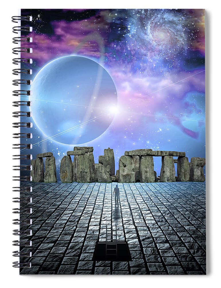Ancient Spiral Notebook featuring the digital art Man before stone structure by Bruce Rolff