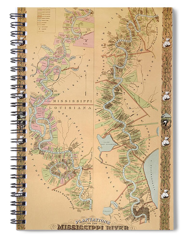 Map Depicting Plantations On The Mississippi River From Natchez To New Orleans Spiral Notebook featuring the drawing Map depicting plantations on the Mississippi River from Natchez to New Orleans by American School
