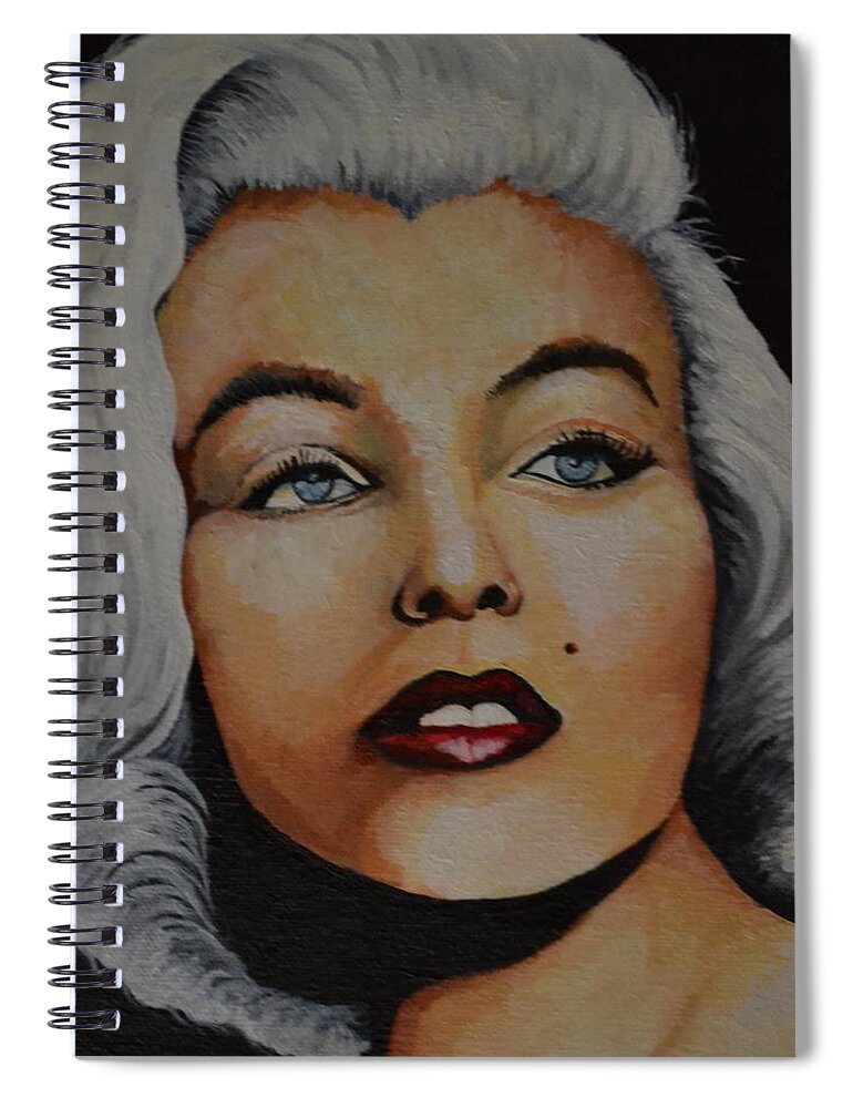 An Impressionist Style Portrait Of Marilyn Monroe With A Black Background. She Has Red Lipstick And White Hair. This Is A Portrait Of Marilyn In Her Younger Years. .  Spiral Notebook featuring the painting Marilyn Monroe 2 by Martin Schmidt