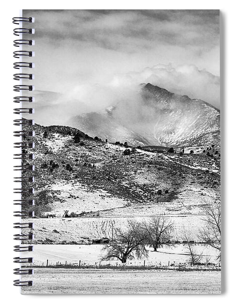 Longs Peak Spiral Notebook featuring the photograph Meeker and Longs Peak in Winter Clouds BW by James BO Insogna