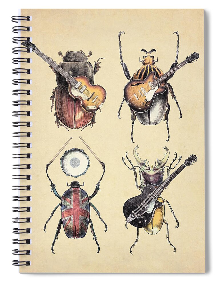 Beetles Insects Pop Music Music Rock And Roll Guitars Drums Epiphone Bass Retro 1960s British Brit Pop British Invasion Entomology Classic Union Jack Funny Electric Guitars Parody Clever Spiral Notebook featuring the digital art Meet the Beetles by Eric Fan