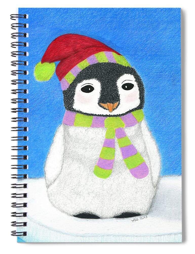 Christmas Spiral Notebook featuring the drawing Merry O' Penguin by Lisa Blake