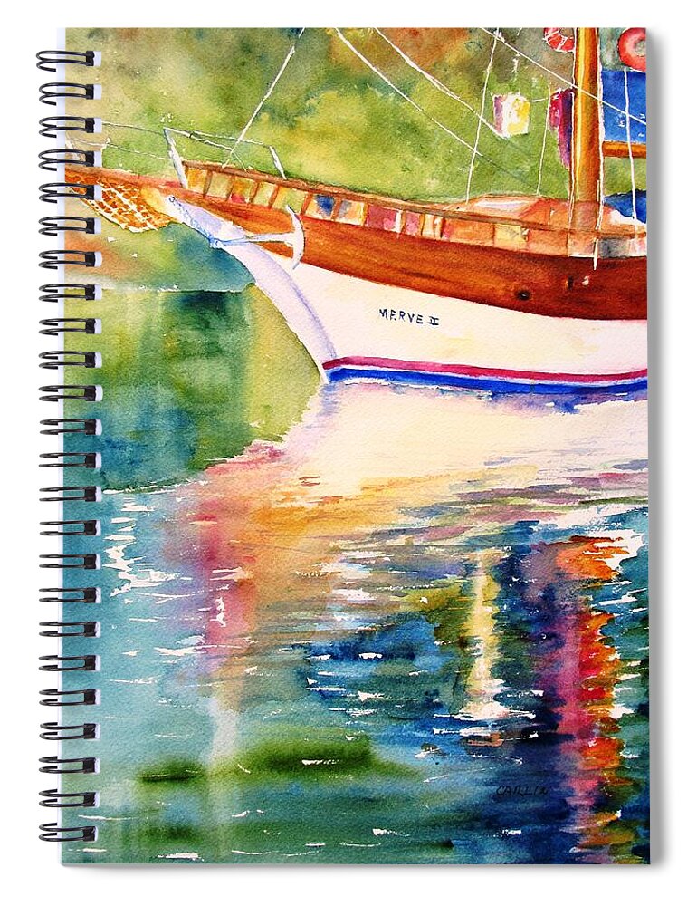 Sailboat Spiral Notebook featuring the painting Merve II gulet yacht Reflections by Carlin Blahnik CarlinArtWatercolor