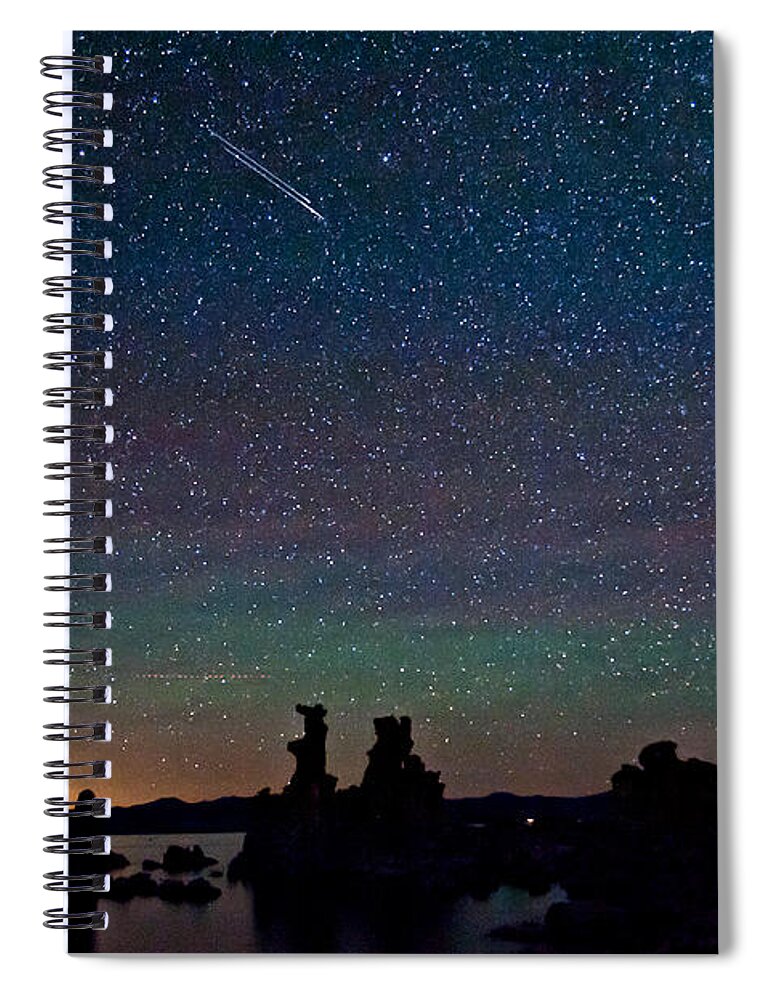 Night Spiral Notebook featuring the photograph Meteors over Mono Lake by Cat Connor