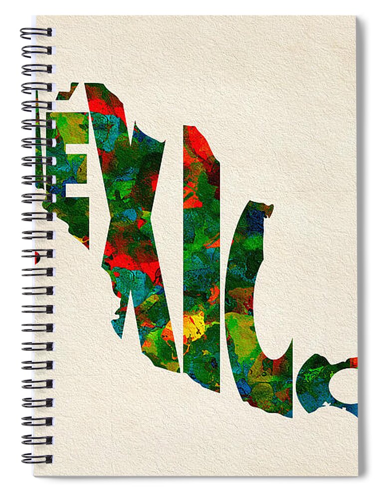 Mexico Spiral Notebook featuring the painting Mexico Typographic Watercolor Map by Inspirowl Design