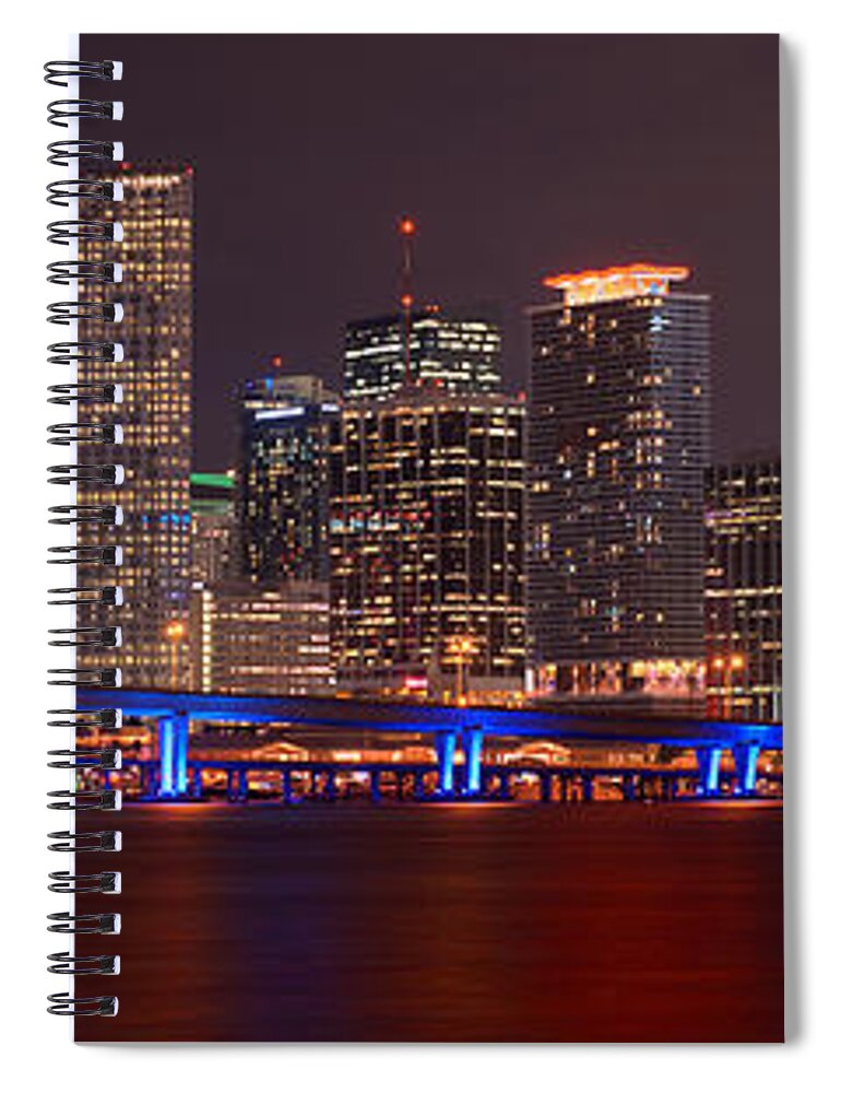 Miami Spiral Notebook featuring the photograph Miami Skyline at Night Panorama Color by Jon Holiday
