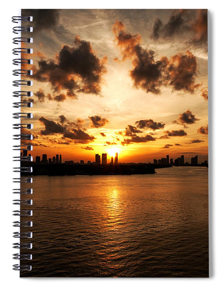 Miami Beach Spiral Notebook featuring the photograph Miami Skyline Sunset by Gary Dean Mercer Clark