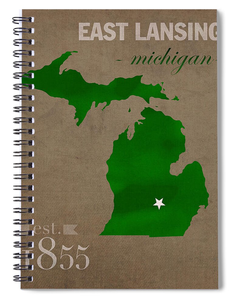 Michigan State University Spiral Notebook featuring the mixed media Michigan State University Spartans East Lansing College Town State Map Poster Series No 004 by Design Turnpike