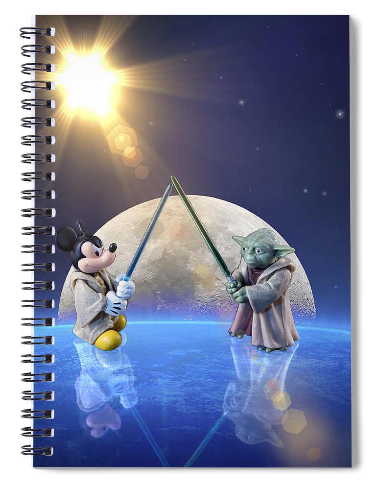 Mickey Mouse Spiral Notebook featuring the photograph Mickey vs Yoda by Bill and Linda Tiepelman