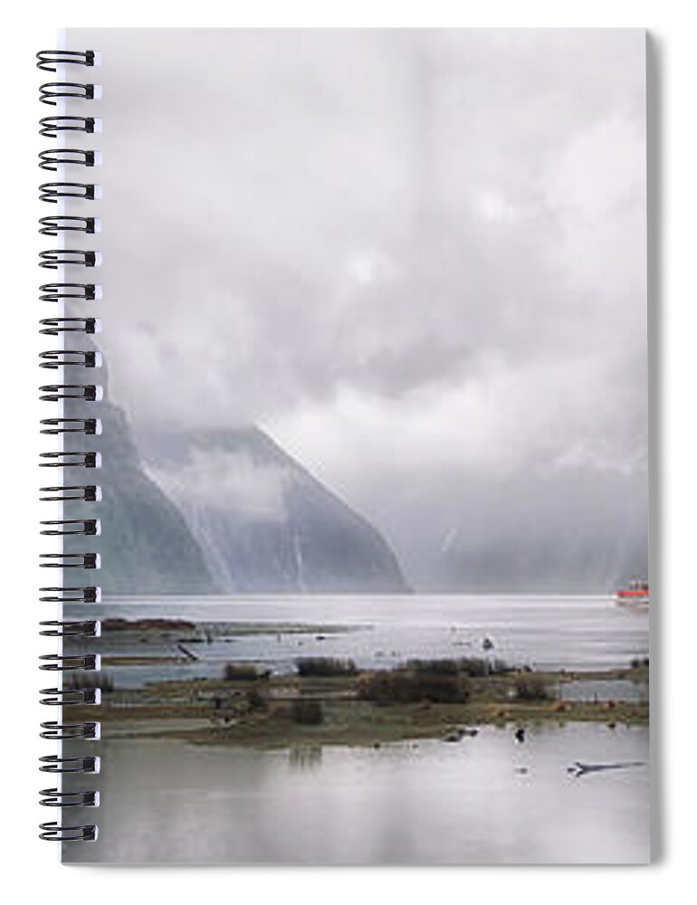 Tranquility Spiral Notebook featuring the photograph Milford Sound In Mist Panorama by Dan Goodwin